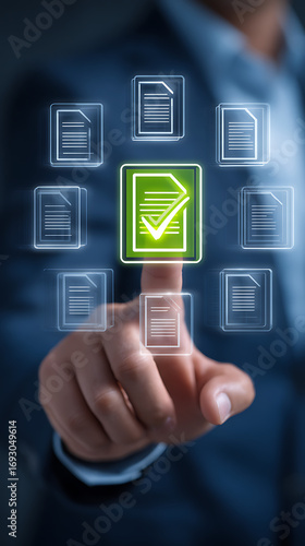 Person touching a glowing digital document with a checkmark and surrounding document icons business
