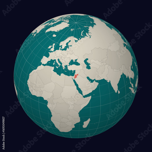 Hashemite Kingdom of Jordan on the map. Globe centered to Jordan. Country location on the world map. Teal Pale Mint color palette. Globe with countries, meridians and parallels.