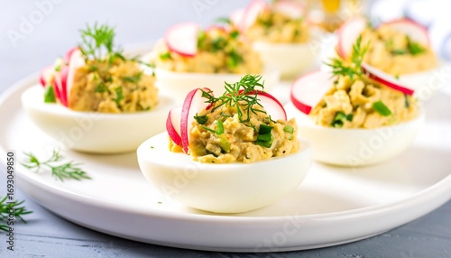 Deviled eggs garnished with radish slices and fresh dill on a plate