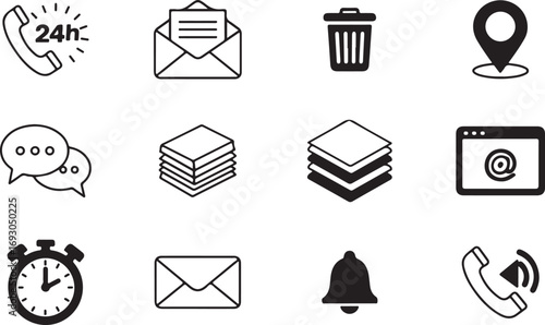 Collection of black and white outline icons for communication and services symbols