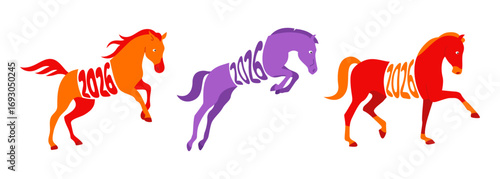 Horse set 2026. Year of the horse. Animal characters. Vector flat illustration