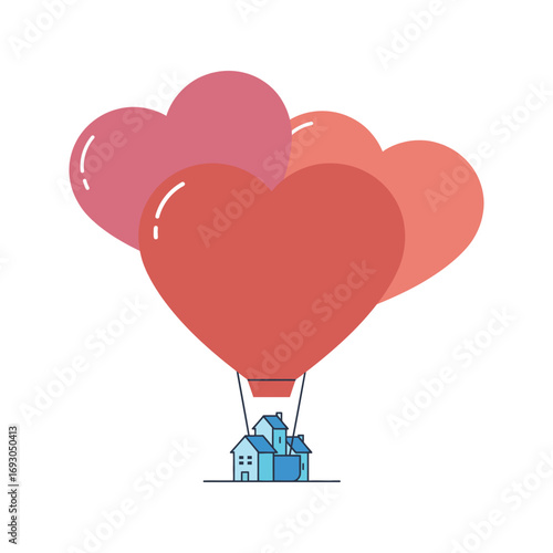 Heartshaped hot air balloon carrying houses love home family dream home real estate concept illustration