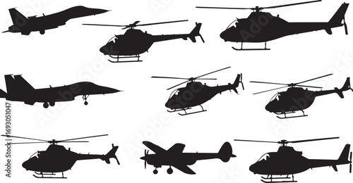 Silhouettes Of Military Aircraft Including Jets And Helicopters airplane