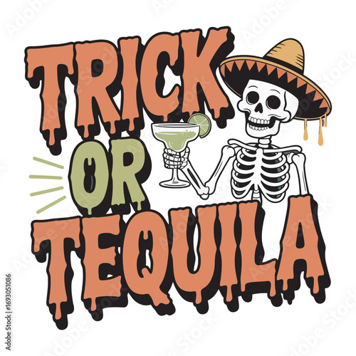 Trick or tequila halloween skull design orange text festive celebration party