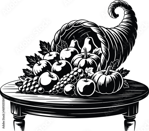 Cornucopia on Table Vector Illustration Black Silhouette Design A harvest horn overflowing with fruits and vegetables displayed on a table, a symbol of abundance.