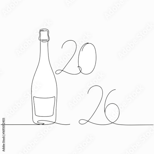 Champagne bottle and 2026 single line drawing banner