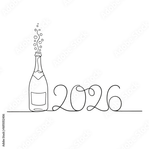 Champagne bottle and year 2026 single line art banner