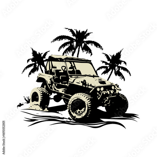 Bold off-road buggy adventure through exotic palm tree landscapes, conveying freedom, power, and thrilling outdoor exploration in a tropical setting