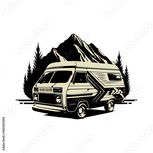 Embark on Adventure with a Classic Camper Van and Mountain Backdrop, Perfect for Travel Enthusiasts and Outdoor Lifestyle Brands seeking a Nostalgic Vibe