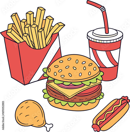 Vibrant cartoon illustration of popular fast food items in a playful style