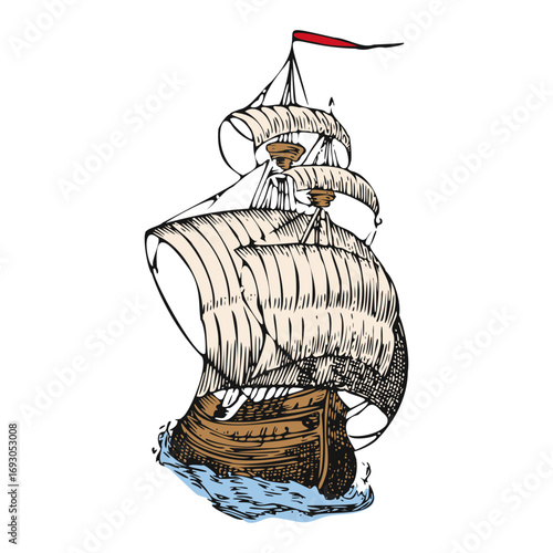 Majestic galleon sailing the high seas, a vintage nautical adventure evoking a sense of exploration and historical maritime charm, great for travel themes