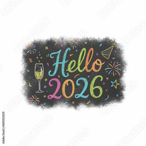 Festive chalk drawing hello 2026 with doodles