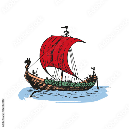 Dynamic Viking longship sailing on the sea, captured in vintage style, the powerful vessel evokes historical adventure and maritime exploration