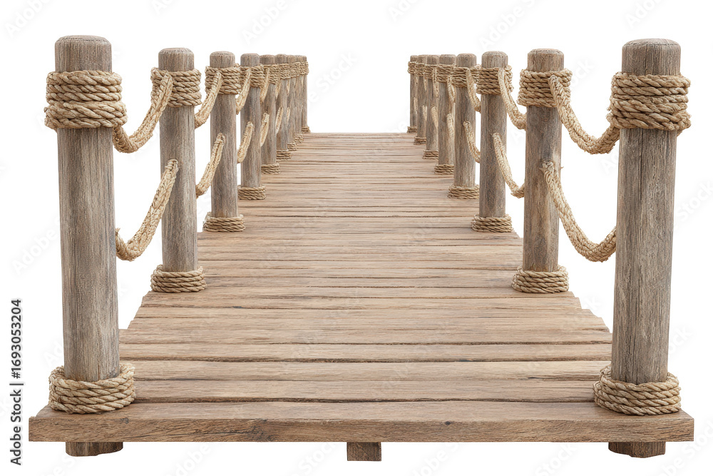 Naklejka premium Rustic wooden pier with rope railings isolated on white.