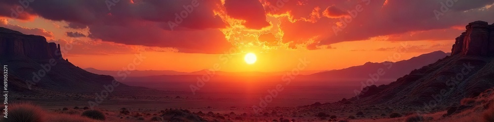 Fototapeta premium Fiery sunset over a desert landscape, evoking the passionate and impulsive nature of the Aries zodiac sign Rugged mountains, dramatic sky, vibrant colors , mountain, bold