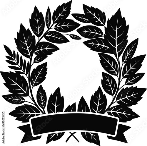 Elegant Laurel Wreath Silhouette Vector Illustration A Black Leafy Circle with a Banner, Ideal for Awards, Logos, and Designs Requiring a Touch of Classic Distinction