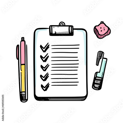 Checklist clipboard with completed tasks, pen, marker, and eraser doodle sketch, hand drawn style vector illustration for planning and organization concept