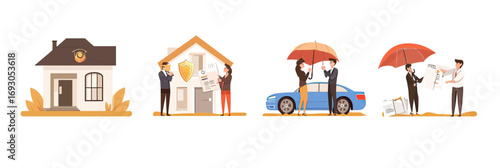 Insurance agents presenting property and auto insurance policies protecting house and car with umbrella flat vector illustrations set