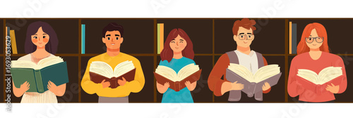 Young diverse students reading books standing in front of bookshelf in modern library education learning concept flat vector illustration