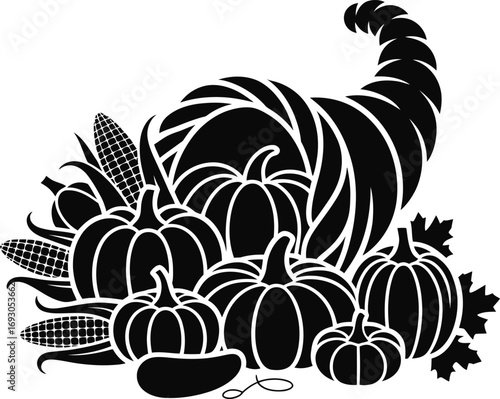 Cornucopia Silhouette Vector Illustration A Black and White Graphic of a Horn of Plenty Filled with Pumpkins and Corn on the Cob for an Autumn Harvest Design