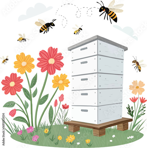 "Beekeeping Hive with Busy Bees and Colorful Flowers – Vector Illustration"