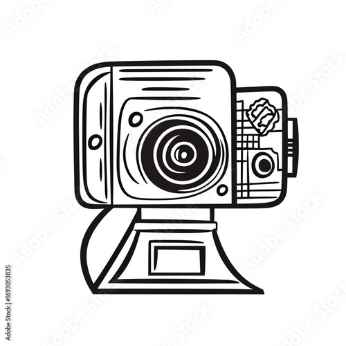 Black and white line drawing retro instant camera with flash on pedestal vintage photo equipment doodle vector illustration flat style minimalist design