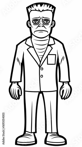 Black and white vector illustration of sad Frankenstein monster character in classic suit with bolts and flat minimalist design for kids concept art