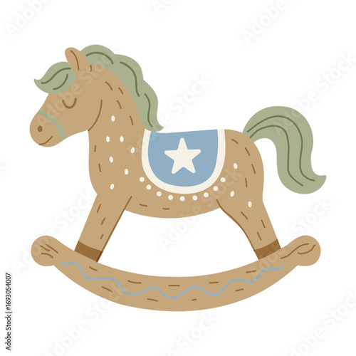 Cute wooden rocking horse vector in hygge Scandinavian style. Minimal flat illustration of baby toy with soft pastel colors. Perfect for nursery decor, kids prints, holiday design.