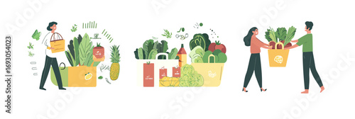 People carrying reusable grocery bags filled with fresh vegetables and organic food items in minimalist flat style vector illustration for sustainable shopping concept