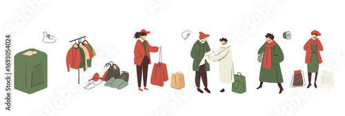 People shopping and exchanging secondhand clothes at flea market with bags and rack in flat minimalist vector style sustainable fashion concept illustration