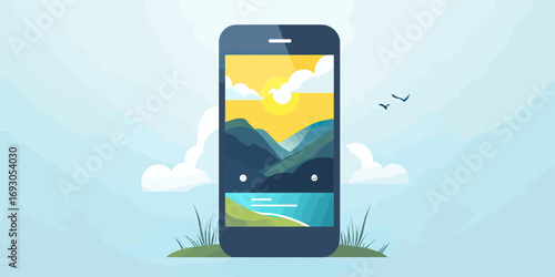 Mobile phone displaying scenic mountain landscape with river and sun in flat minimalist style vector illustration