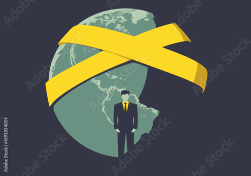 Businessman standing in front of Earth globe wrapped with yellow prohibition tape symbolizing international sanctions and trade restrictions concept vector illustration