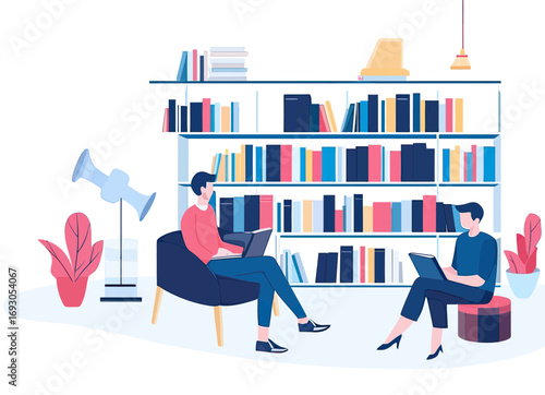 Two people working on laptops in modern minimalistic library interior with book shelves and indoor plants flat vector illustration
