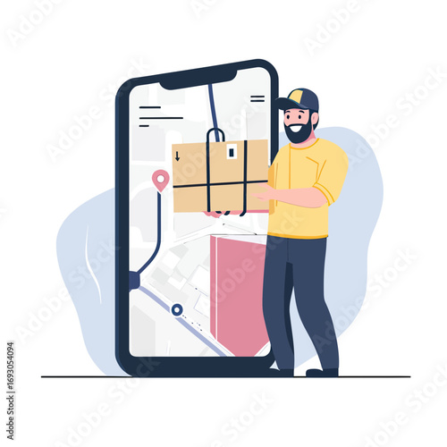 Courier holding parcel box next to giant smartphone screen showing delivery tracking map with route and location pin vector illustration flat design