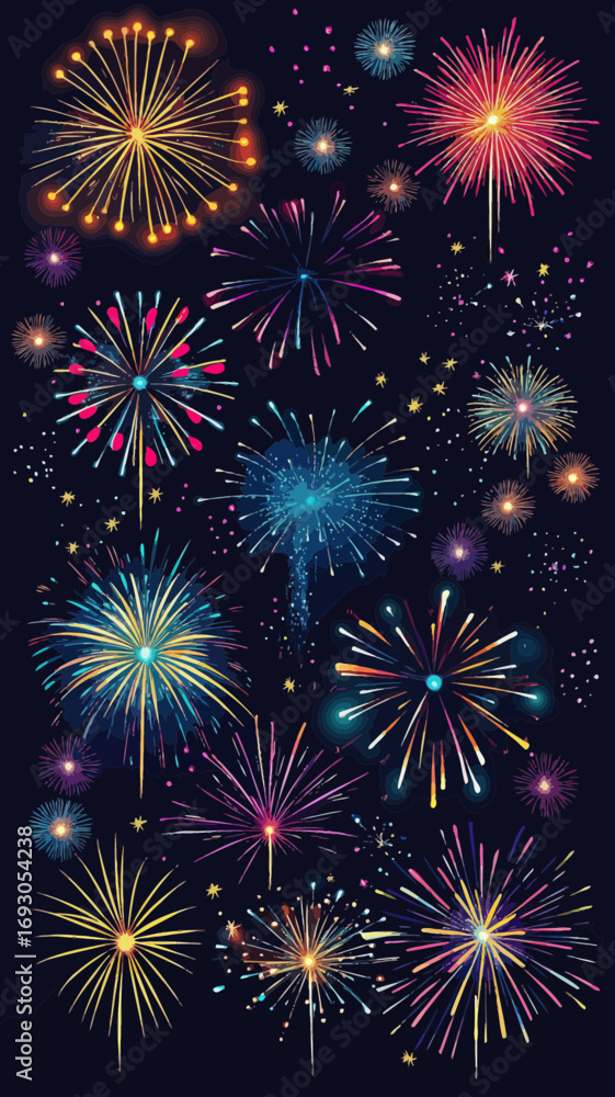 Naklejka premium Colorful fireworks display with various shapes and bursts lighting up dark night sky for celebration and festive events vector background illustration