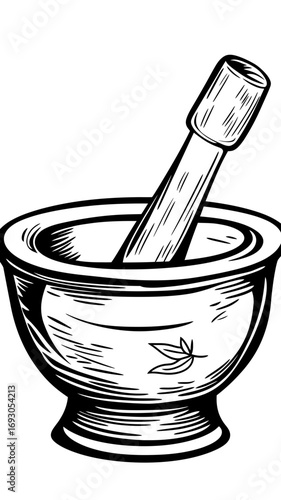 Black and white vector illustration of vintage mortar and pestle with engraved leaf detail for grinding and crushing herbs and spices in kitchen or apothecary use