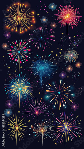 Colorful fireworks display with various shapes and bursts lighting up dark night sky for celebration and festive events vector background illustration
