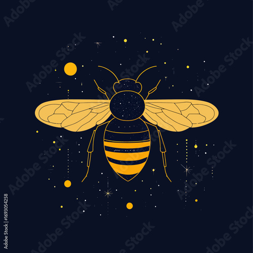 Minimalist bee illustration with cosmic galaxy elements, starry space background, yellow and dark navy colors, insect vector art for nature concept design
