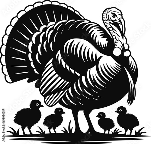 Turkey Family Silhouette Vector Illustration, Black Graphic Design with Mother Turkey and Chicks on Transparent Background for Print and Digital Media