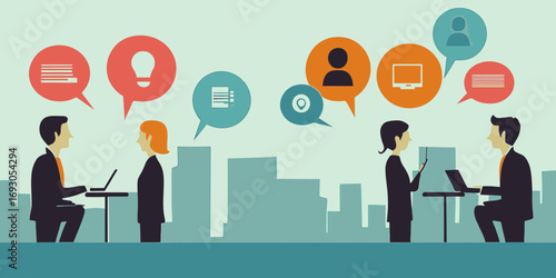 Flat minimalist vector illustration of business people working on laptops and tablets with social media and communication icons over urban skyline background for business communication concept
