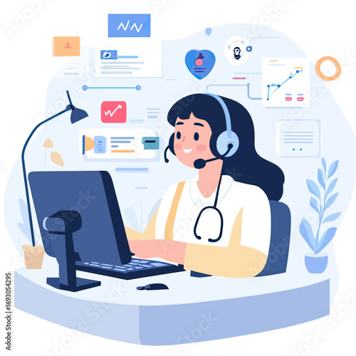 Female medical professional with headset working on computer at modern healthcare call center with digital health icons and data analytics around