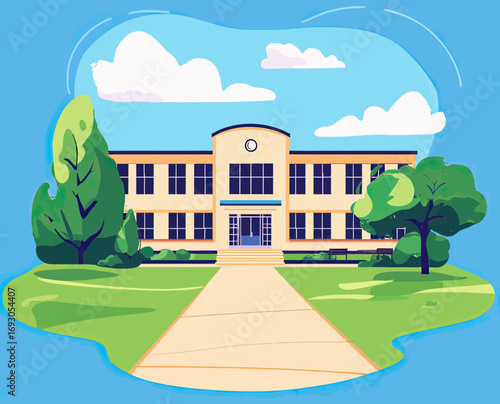 Modern two story school building with clock exterior front view on sunny day with green lawn and trees minimalist vector illustration
