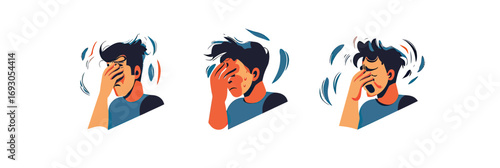Set of male characters showing symptoms of emotional burnout fatigue stress and mental exhaustion with hand on face in flat minimalist vector style
