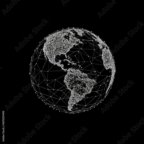 Low poly globe wireframe of Earth showing North and South America with interconnected lines and dots on black background digital mesh design for technology concept