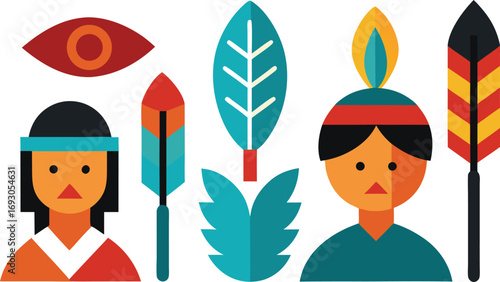 Indigenous peoples day icons collection featuring feathers and native american figures vector illustration