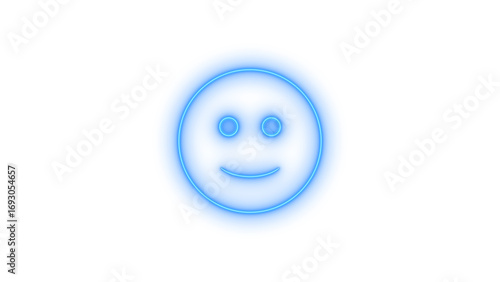 Illustration of a cheerful blue neon smiley face isolated on transparent background, radiating positivity and joy with its simple yet expressive design and bright glow