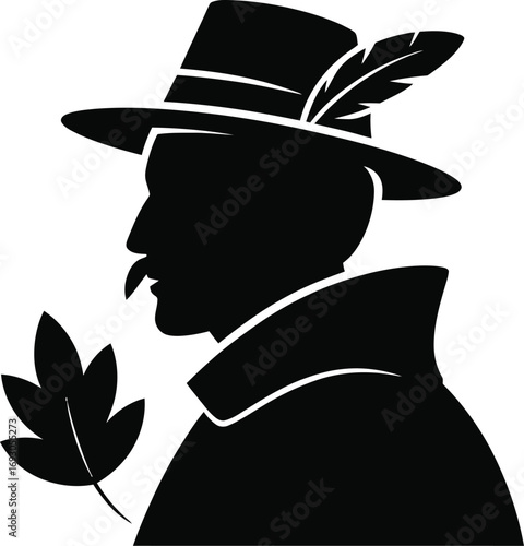 Plumed Hat Silhouette Vector Illustration A Black and White Graphic Design of a Man in Traditional Attire with a Plumed Hat Classic Historical Figure