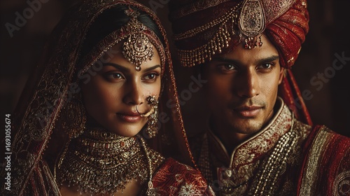 Elegant Indian Wedding Portrait of Bride and Groom in Traditional Attire With Regal Style