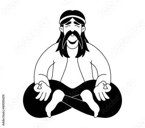 Man meditating peacefully with eyes closed, serene expression, cross-legged in lotus pose, achieving inner calm and mindfulness.