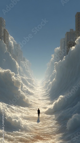 Journey Through the Clouds: A solitary figure embarks on a surreal odyssey, traversing a sky-high, cloud-filled corridor leading to a breathtaking cityscape of hope and possibility.